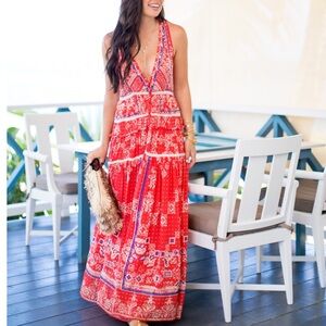 ROCOCO SAND Deep V Maxi Dress in Red Size XS